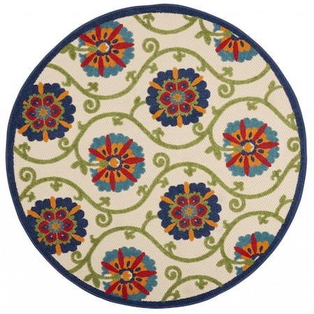 HomeRoots Blue/Multicolor 100% Polypropylene 5??? Round Blue Vines Indoor Outdoor Area Rug